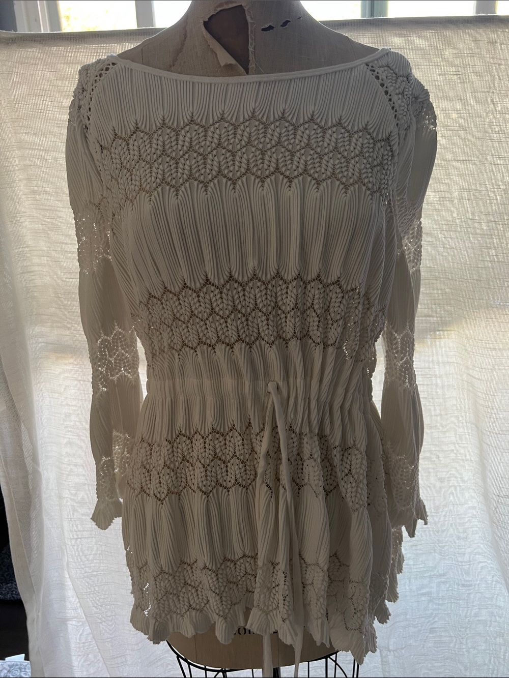 Free People white  Crochet Pleated Long Sleeve Drawstring blouse large